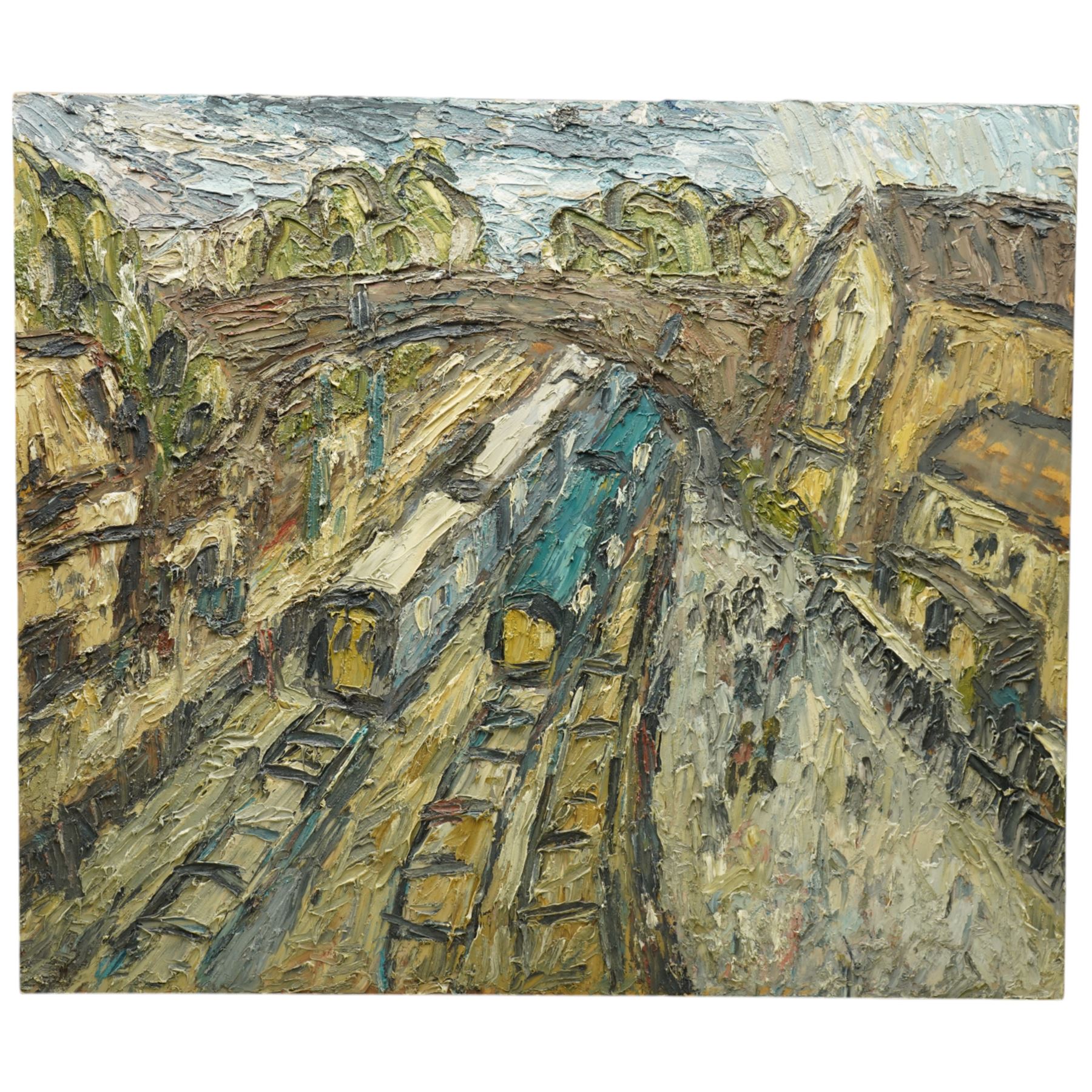 Barry De More (Yorkshire 1948-2023): 'Two Diesels', oil and impasto on board signed and titled verso 74cm x 87cm
Provenance: consigned by the artist's widow