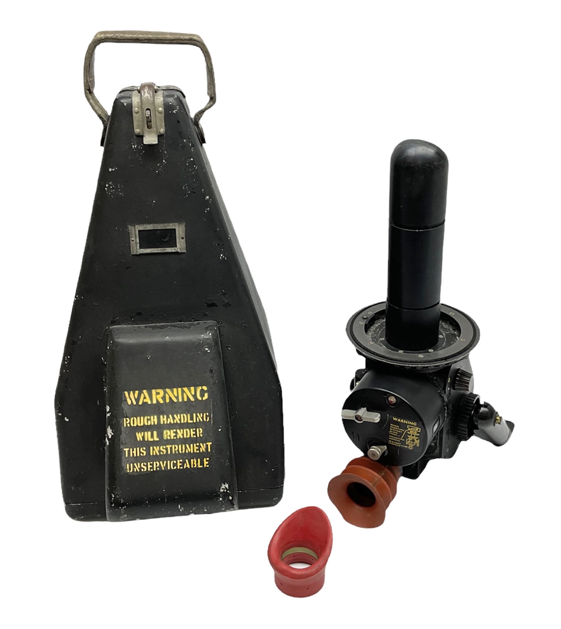 Air Ministry Periscopic Sextant Mk.2B, possibly by Kelvin & Hughes, Ref.No. 6B/2838 Serial No. 158KH1/59, bearing Fenns (Farnborough) Ltd label; in black pyramid shaped stowage case with various labels