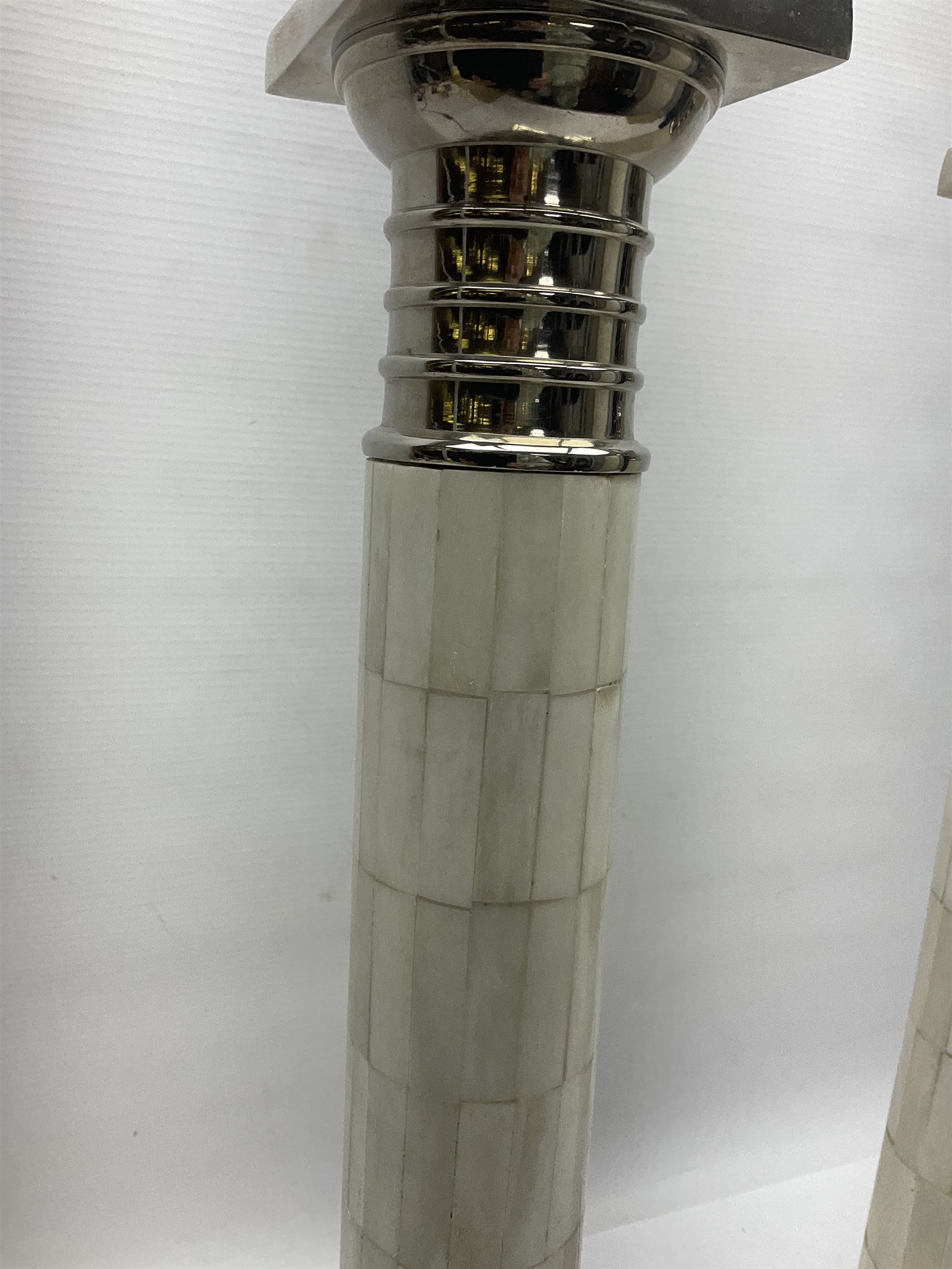 Pair of Parex table lamps, each of columnar form, the column with mosaic design standing on a stepped plinth, H68cm