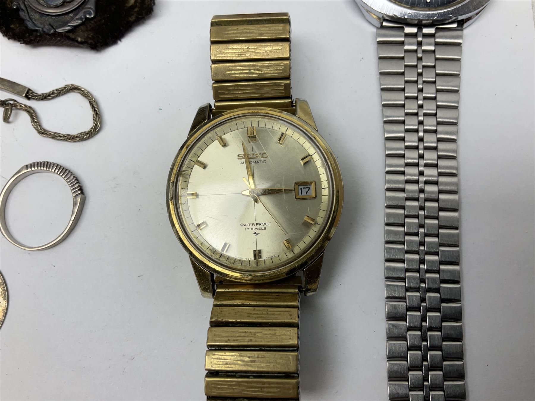 Four wristwatches including Seiko automatic, Sekonda, Timex and Ingersoll, silver Acme Lever pocket watch by H Samuel, 9ct gold keepers ring, silver and 9ct gold paste stone set cluster ring, silver and stone set silver jewellery and other vintage jewellery