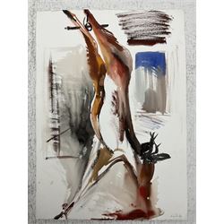 Kane Cunningham (British 1961-): Deer at Sledmere House, watercolour and deer blood on Arches paper signed 105cm x 75cm (unframed)