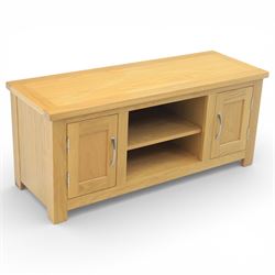 Contemporary oak television media cabinet, rectangular top fitted with two cupboards and c...