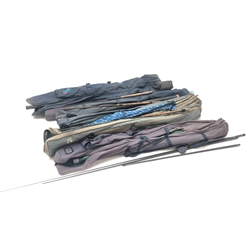  Quantity of fishing rods and poles including Shakespeare 'Super Wand 1881' rod, Daiwa 'Yank N Bank Pro' pole, Dawia rod etc, in various bags and tubes  