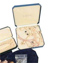 9ct gold pearl jewellery including two strands of pearl necklaces,pair of  stud earrings and a pendant, collection of silver pearl jewellery including earrings, brooch and pendant and a collection of costume jewellery