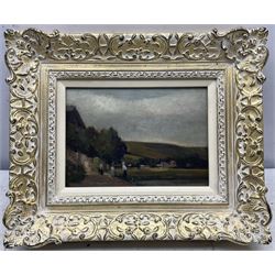 Circle of Charles-François Daubigny (French 1817-1878): Ladies by the Riverside, oil sketch on board unsigned, with farm sketch verso 15cm x 21cm