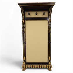 Empire design ebonised and parcel gilt hall stand, projecting moulded cornice with bead an...