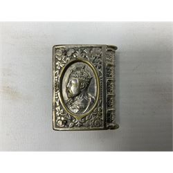 George V silver plated commemorative vesta case in the form of a book, embossed 'Long Live The King' to one side and King's bust profile to the other, L4.5cm