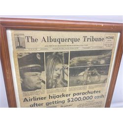 The Albuquerque Tribune, D.B. Cooper Airline Hijacker newspaper cutting, framed