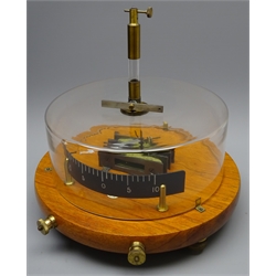  Philip Harris Ltd. Astatic Galvanometer, black curved scale on brass supports, adjustable pointer under glass cover on circular  mahogany base with adjustable brass feet, D24cm, H23cm   