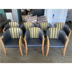 Seven tub shaped armchairs, beech framed, upholstered in charcoal and patterned fabric- LOT SUBJECT TO VAT ON THE HAMMER PRICE - To be collected by appointment from The Ambassador Hotel, 36-38 Esplanade, Scarborough YO11 2AY. ALL GOODS MUST BE REMOVED BY WEDNESDAY 15TH JUNE.