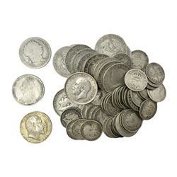 Approximately 145 grams of Great British pre 1920 silver coins, including one shillings, sixpences and threepence pieces 