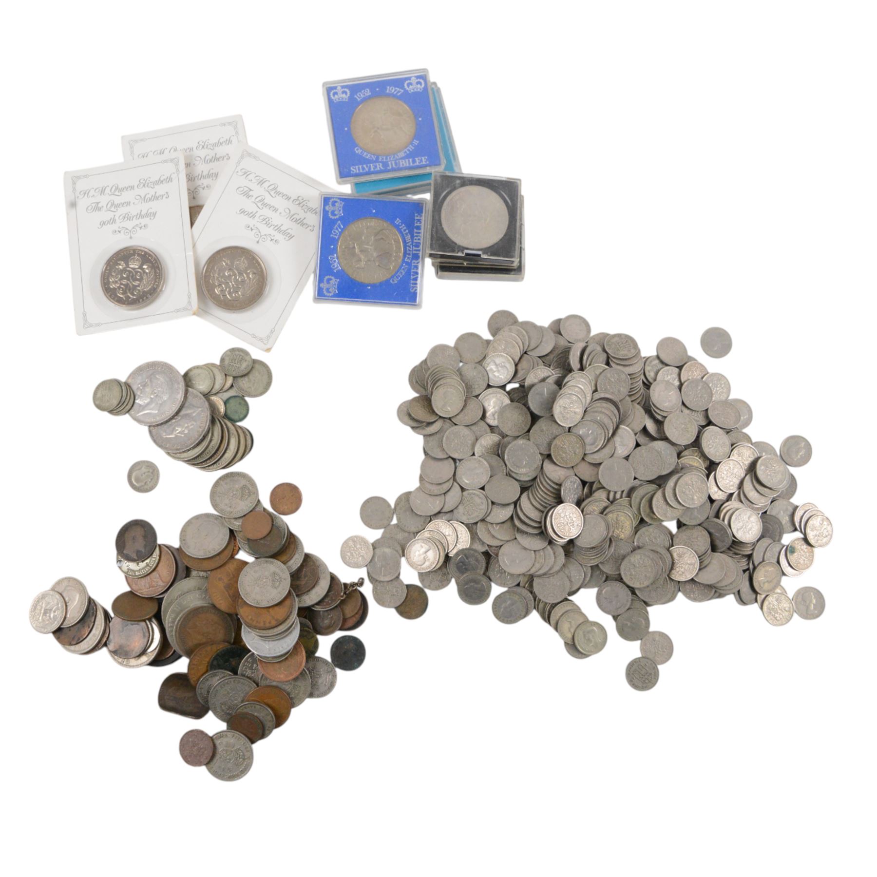 Approximately 166 grams of Great British pre-1947 silver coins, together with approximately 4.8kg of post-1947 sixpences, commemorative crowns, and further coins