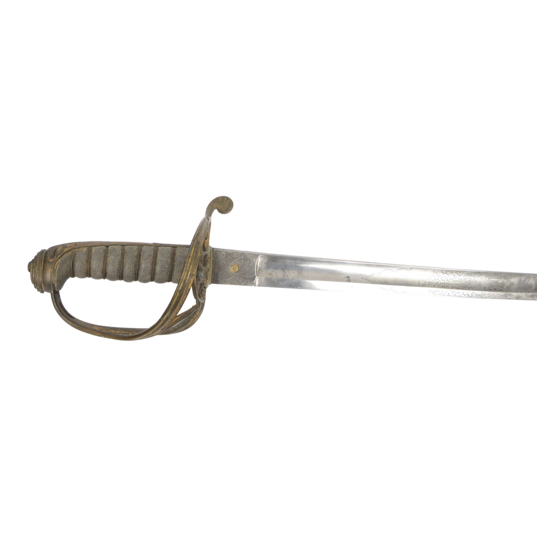 British Victorian 1845 Pattern Infantry Officer's Sword, by Henry Wilkinson, the 81cm blade by Henry Wilkinson, etched with the crowned VR cypher amidst scrolling foliage,folding sideguard, wire bound fishskin covered grip, within brass scabbard, twin suspension rings, overall L100cm