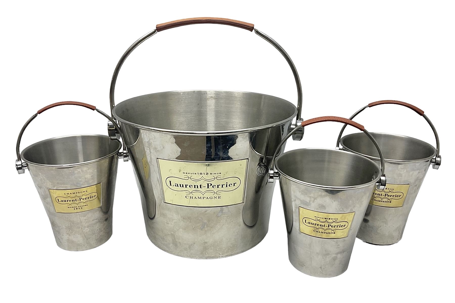 Stainless steel Laurent-Perrier champagne bucket, with engraved brass plaque and grip to swing handle, together with three matching smaller, largest D38cm (4)