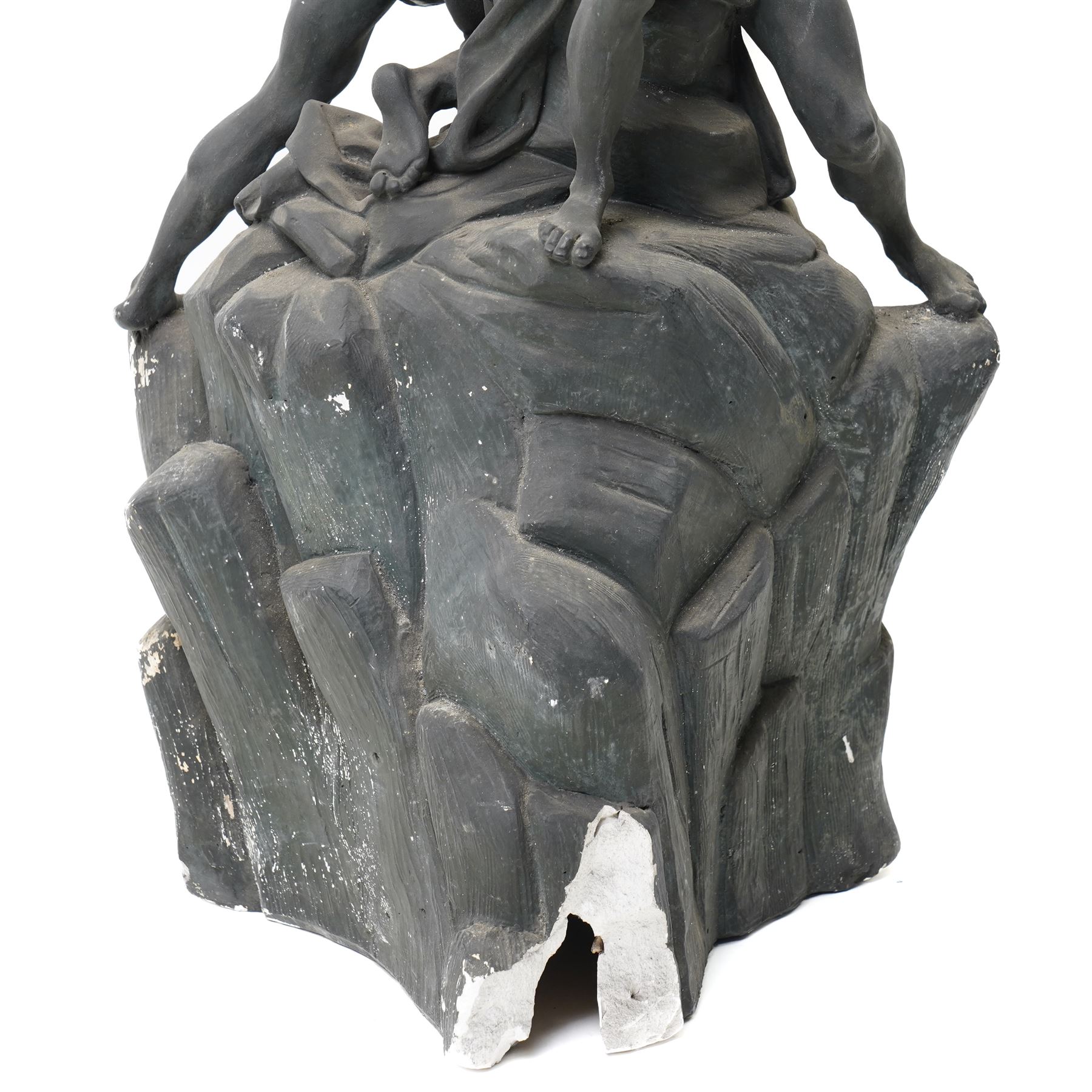 Neoclassical 19th century plaster pedestal, the base cast as two straining Atlantes on a naturalistic rocky base, unmarked, excluding fittings H65cm; together with a set of three plaster figures, cast as Egyptian ladies in headdresses and draped in cloth, by John Dominic Giannelli (1775-1841), the reverse with hieroglyphic decoration, inscribed 'Published as the Act Directed By J D Giannelli 1805', possibly corresponding attachments for the aforementioned pedestal, H62cm 
Provenance: property of a Nobleman