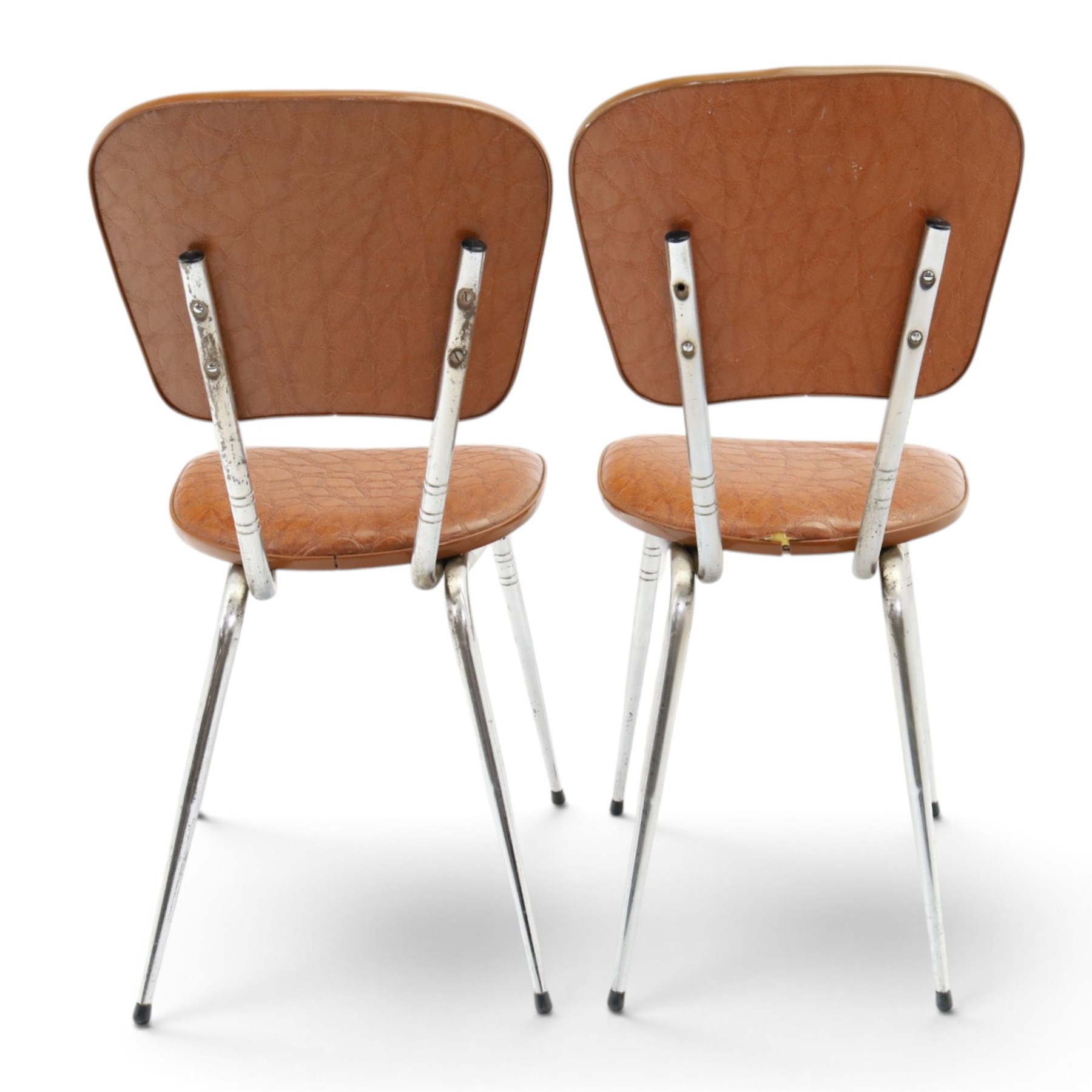 Pair of 20th century French chrome and crocodile effect bistro chairs, shaped padded back and seat upholstered in mock-croc faux leather on tapering chrome supports