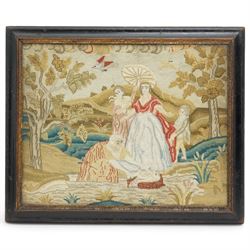 Victorian wool work picture, depicting a biblical scene of Moses in the bull rushes, faint...
