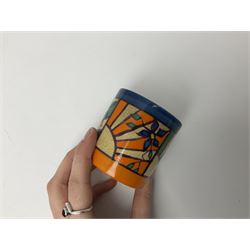 Clarice Cliff Fantasque for Wilkinson Pottery preserve pot, circa 1928, of drum form decorated in Sunray Leaves pattern, H8cm