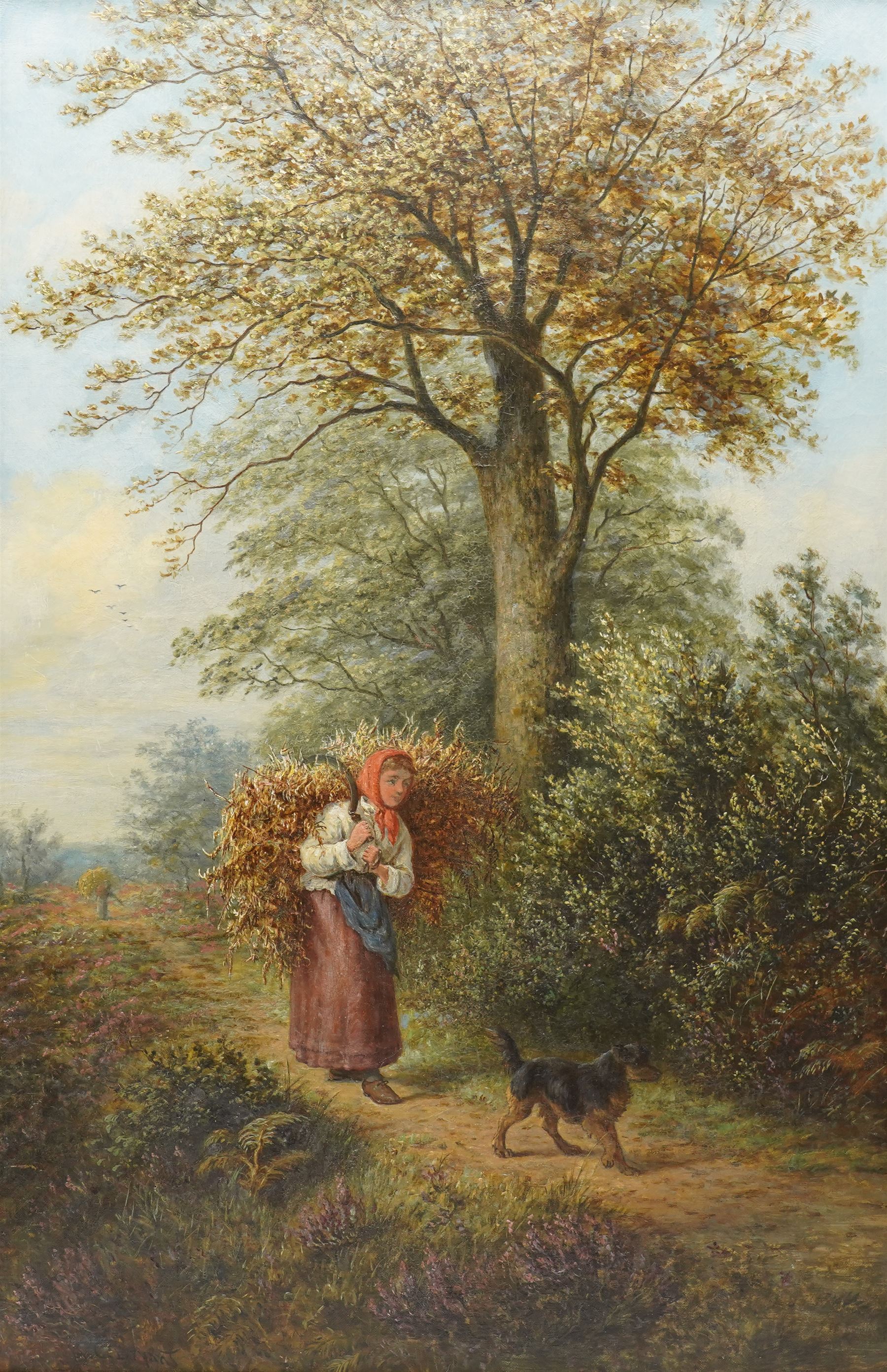 Henry Charles Bryant (British 1835-1915): Girl Carrying Hay with Terrier, oil on canvas signed 74cm x 49cm