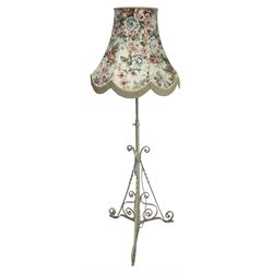 Cream painted wrought iron standard lamp with floral shade