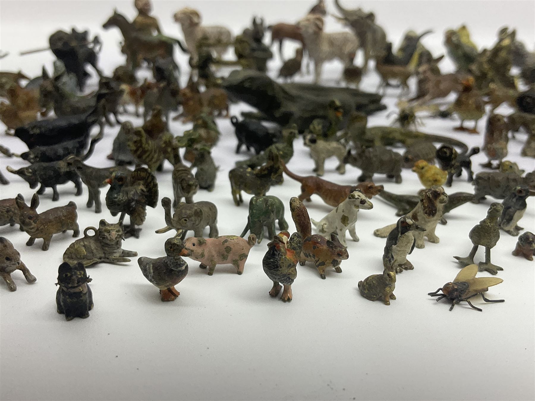 Collection of miniature cold painted bronze and similar animals, to include birds, sheep, horses etc 