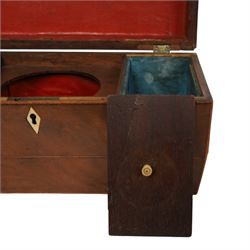 Marquetry inlaid satinwood tea caddy, of rectangular for the hinged cover and front with conch shell motifs, with two compartments, together with a sarcophagus shaped tea caddy