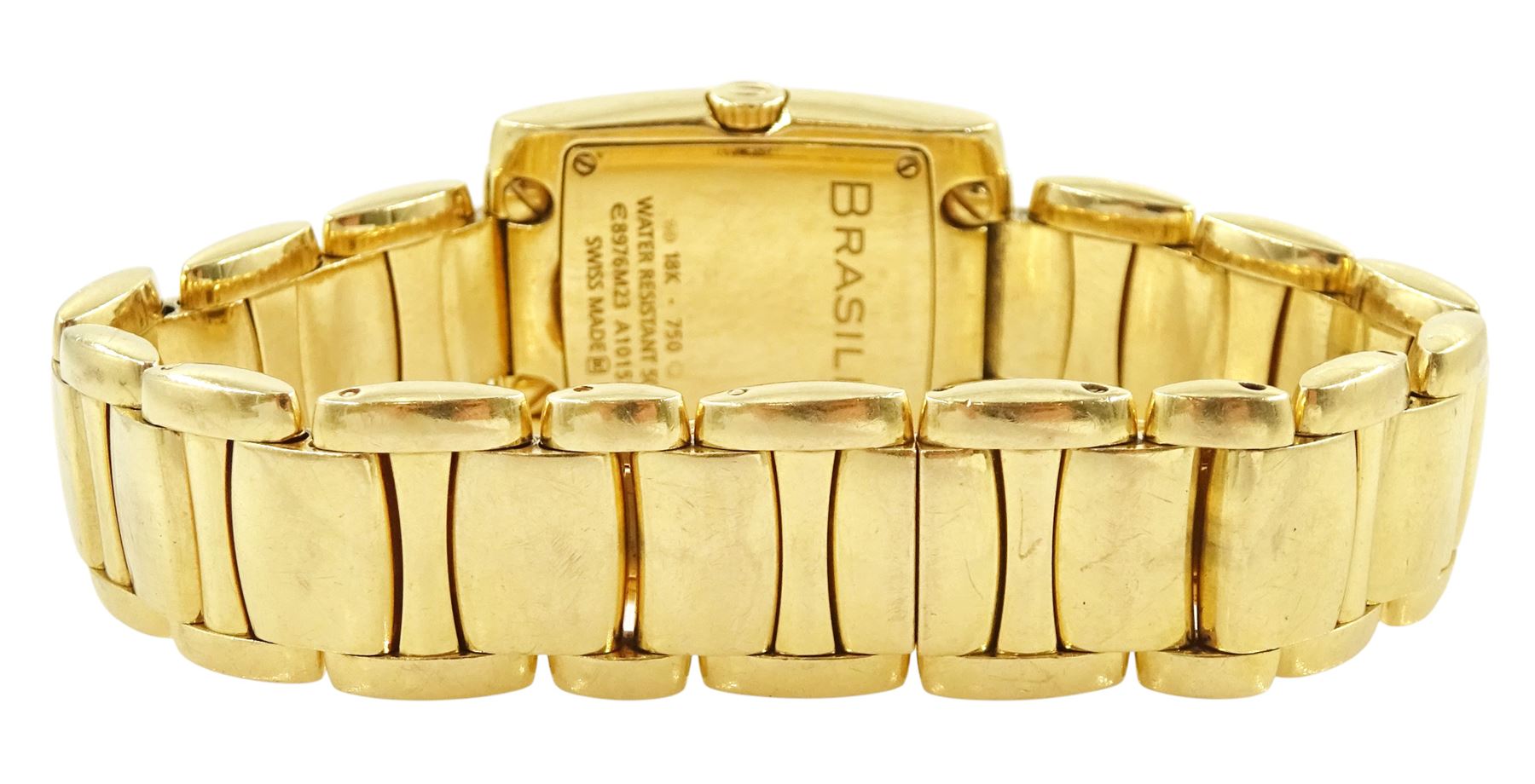 Ebel Brasilia ladies 18ct gold quartz wristwatch, Cal. 967, mother of pearl dial with diamond dot hour markers, on integral 18ct gold bracelet, with fold-over clasp, stamped 750 with Bernard dog hallmark