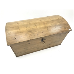  Late 19th century pitch pine tapering chest, domed lid, two metal handles, W121cm, H65cm, D60cm  