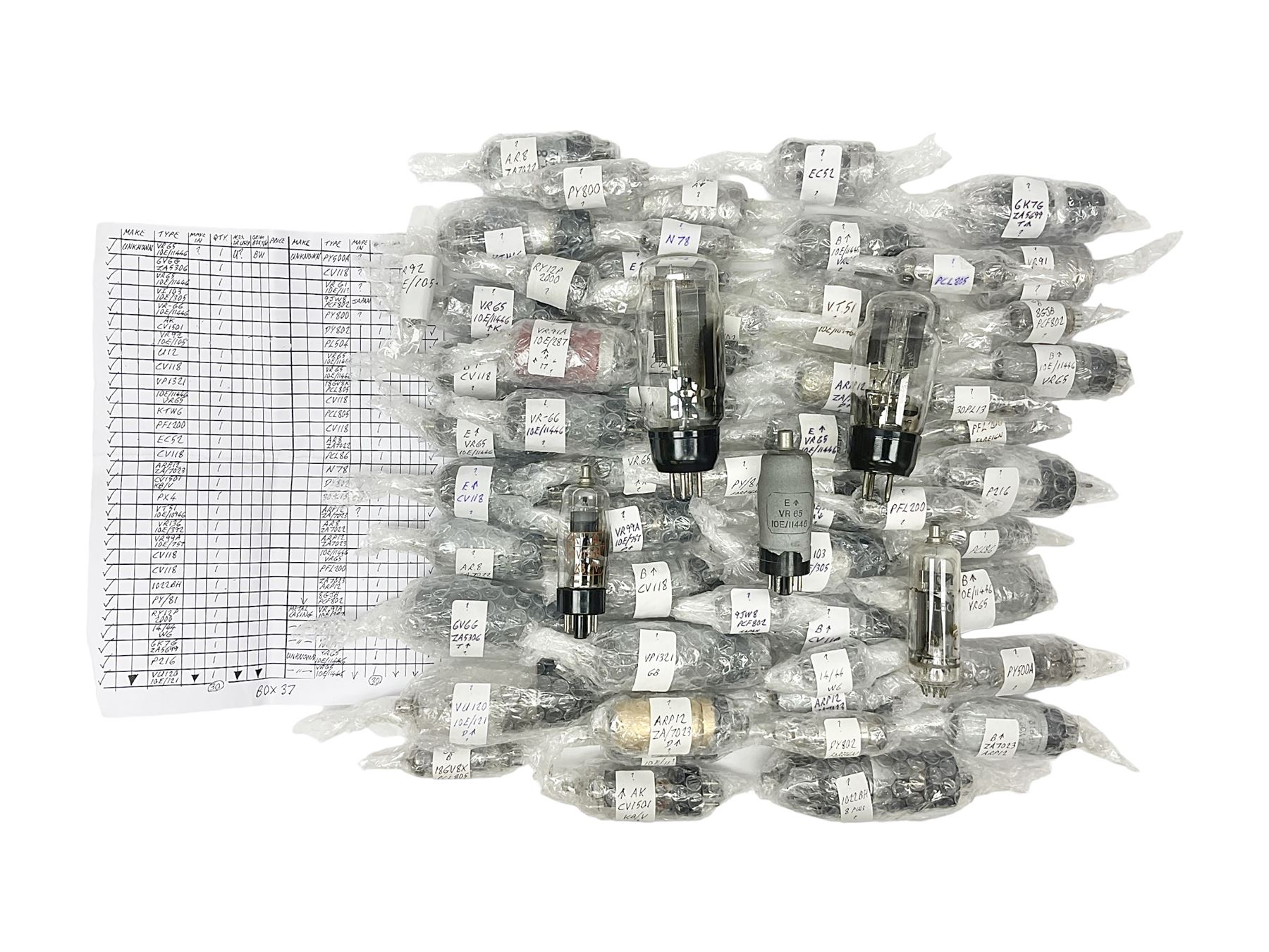 Collection of thermionic radio valves/vacuum tubes, of various makes and models, including PX4, U12, VR65 I0E/II446, PL504, CV1501 etc, approximately 60 as per list, unboxed