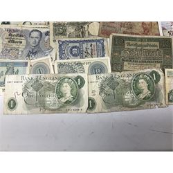 Great British and World banknotes, including Bank of England Page one pound 'EW57', Forde ten shillings 'C41N', various Belgian and Scottish notes etc