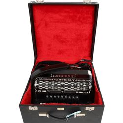 Borsini  5-row Chromatic button accordion, with 77-black and white pearlescent buttons and 96 bass buttons, in black high gloss case, with carry strap and original hard carrycase