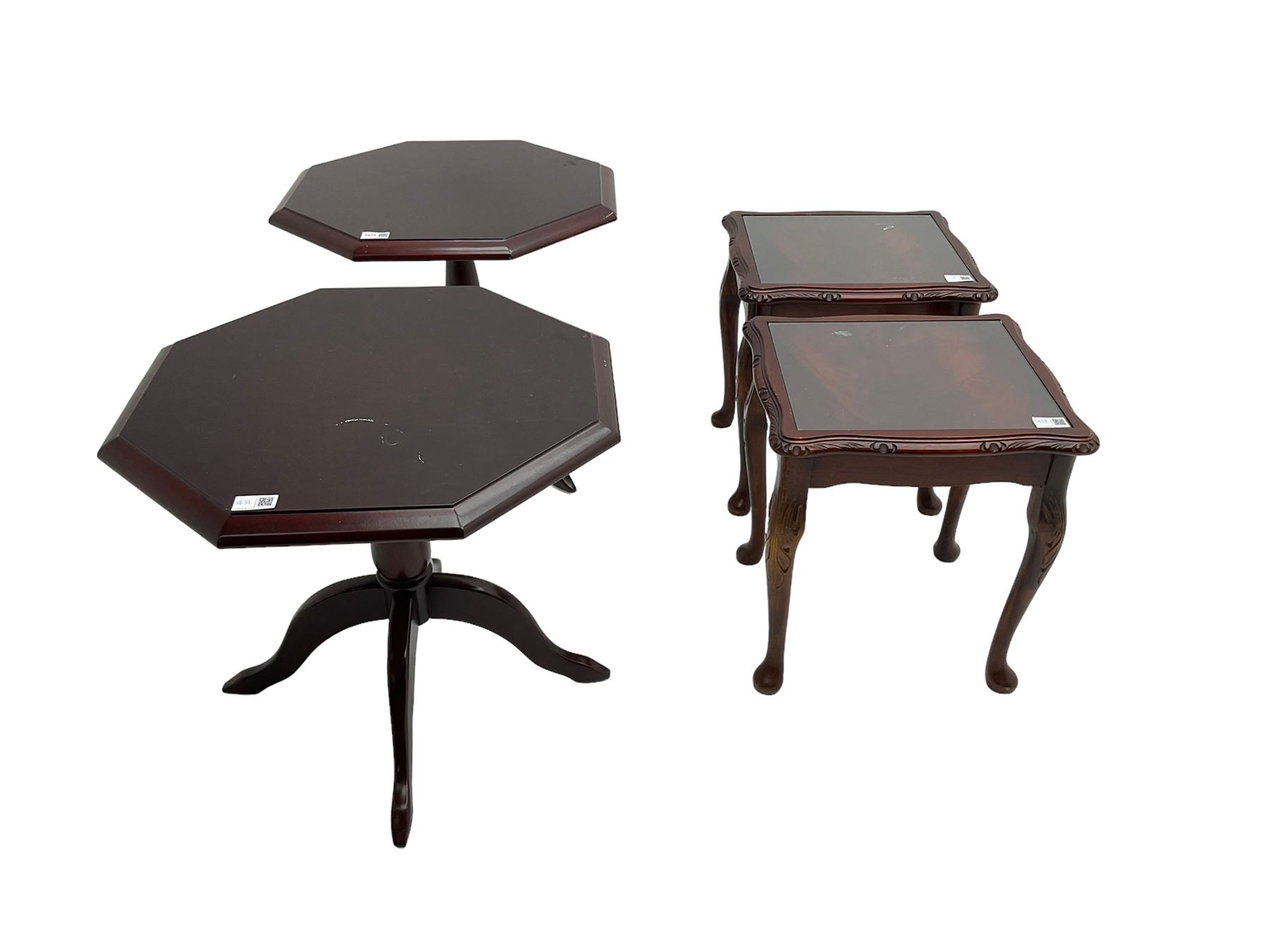 Pair mahogany occasional, octagonal top raised on pedestal with quadripod base (W55cm H48cm); pair mahogany side tables, rectangular glass inset top with shaped edge, raised on cabriole supports (W40 D35cm H42cm) (4)