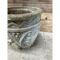 Pair of cast stone ornate circular planters