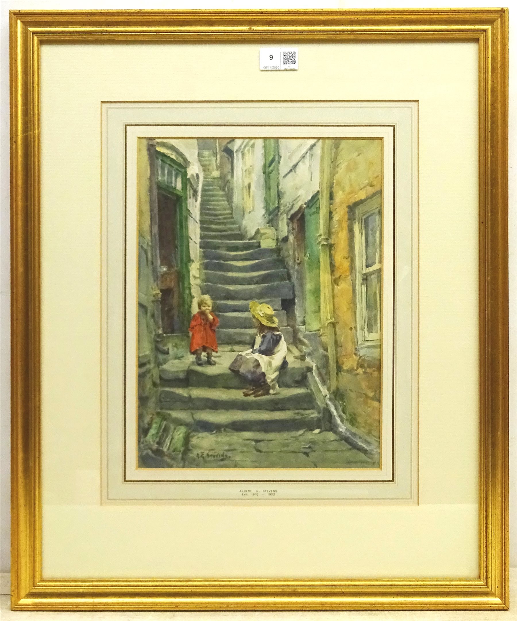 Albert George Stevens (Staithes Group 1863-1925): Children on the Steps Whitby, watercolour signed 33cm x 24cm