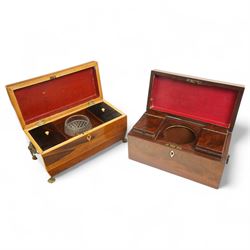 Early 19th century mahogany tea caddy, the interior with two covered containers and bowl r...
