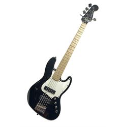 Fender Squier Active five-string Jazz bass guitar in black with white scratch plate, serial no.ICS18156005, L118cm overall; in Tough Traveler soft carrying case.