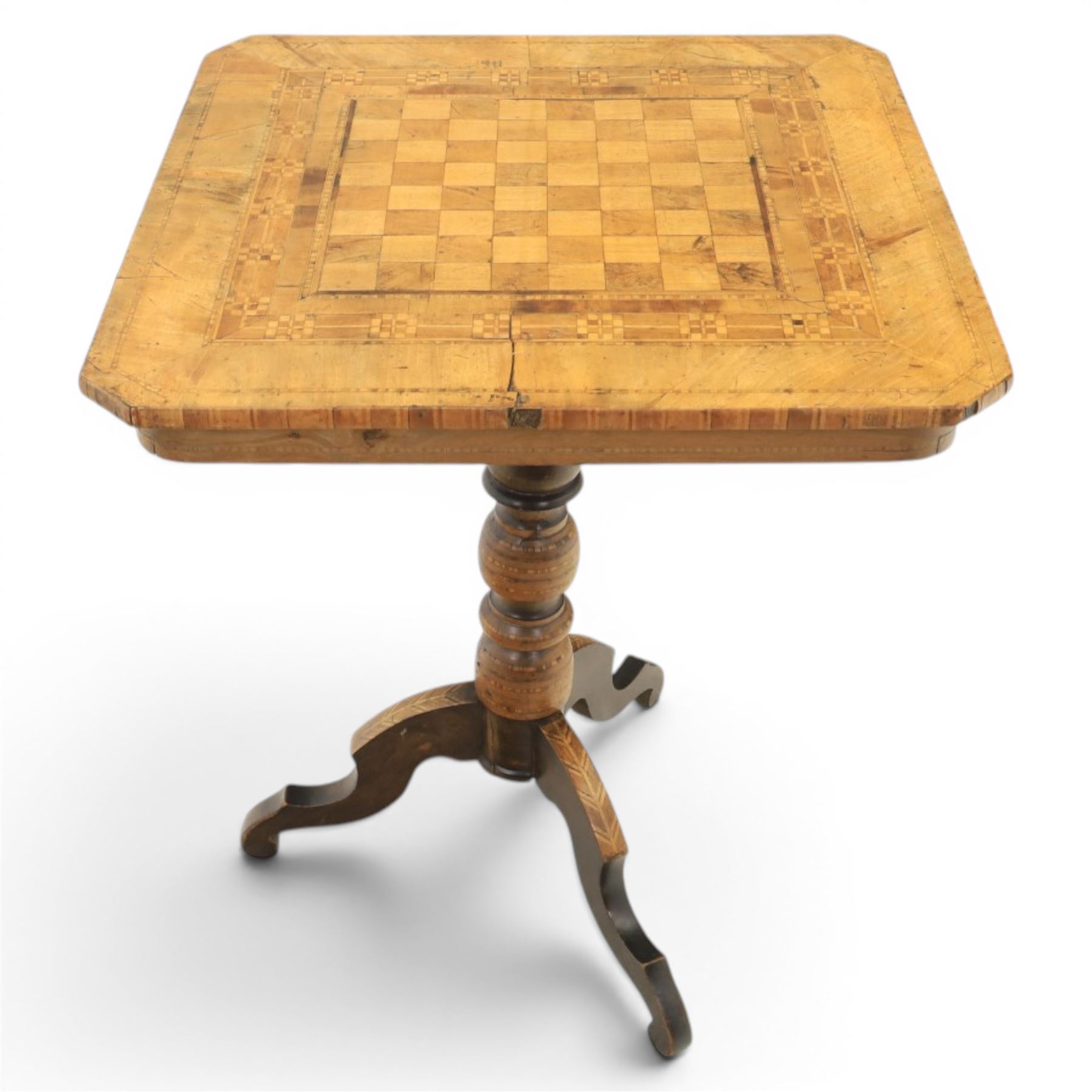 Late 19th century marquetry chess table, square top with canted corners inlaid with chessboard and geometric borders, turned pedestal column on three shaped downswept supports