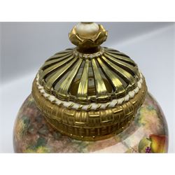 Mid 20th century Royal Worcester potpourri vase and cover decorated by Alan Telford, of ovoid form with inner cover and pierced gilt outer cover with bud finial, upon short gilt circular foot, the body part moulded with basket weave bands in gilt and bronze, and hand painted with a still life of fruit upon a mossy ground, signed Telford, with black printed mark beneath and painted shape number 1286, H25.5cm