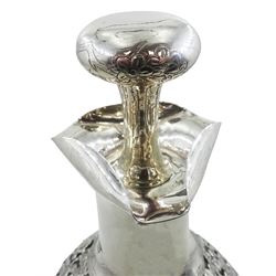 20th century Chinese silver overlaid dimple decanter and stopper, with pierced and chased prunus blossom decoration, stamped Sterling Silver Made in Hong Kong beneath, H25.5cm