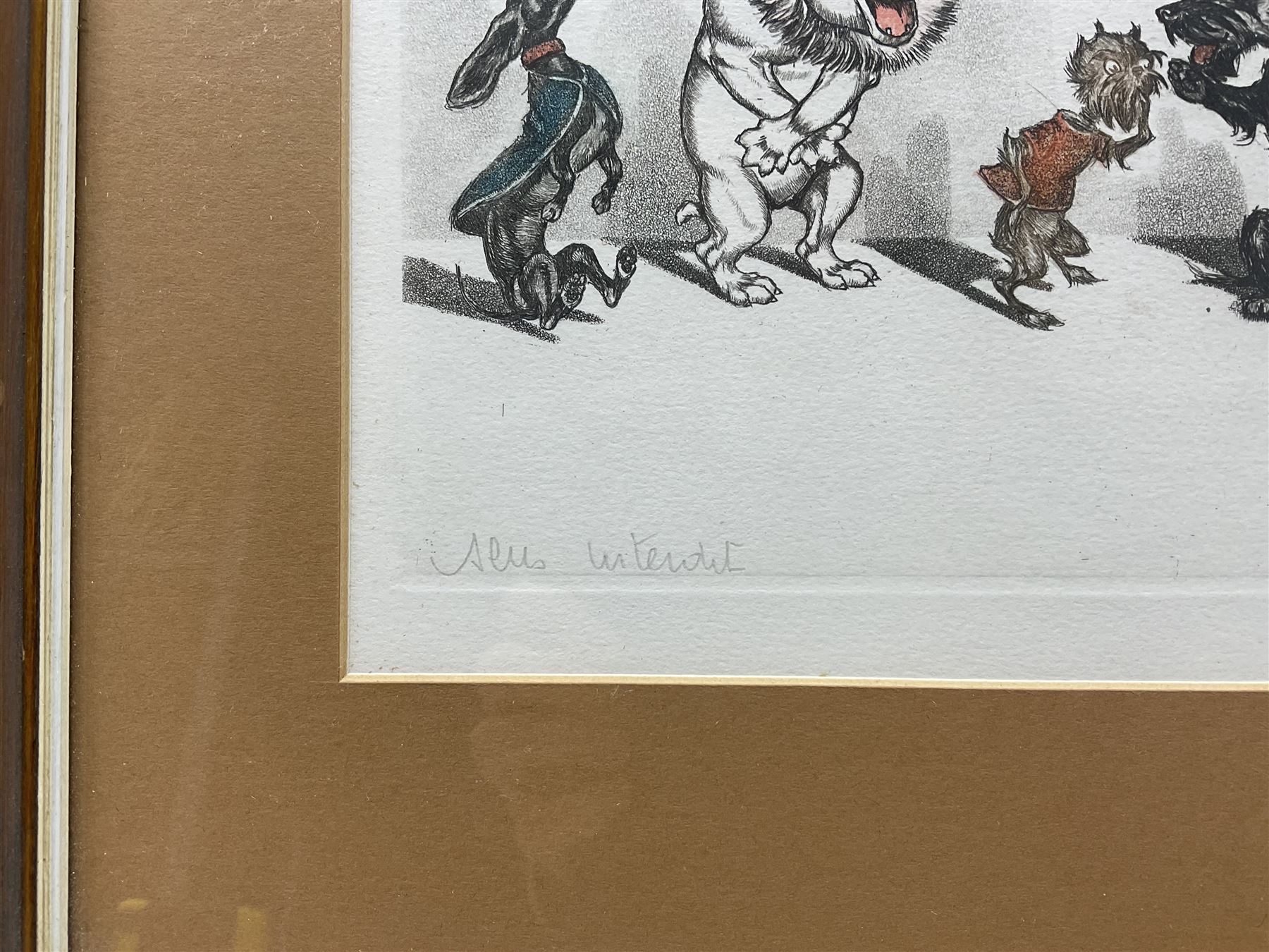 Arthur 'Boris' Klein (French 1893-1985): The Dirty Dogs of Paris, set of four etchings with hand colouring, titled respectively and signed in pencil 16cm x 45cm (4)