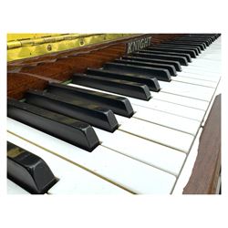 Knight - upright piano in mahogany gloss lacquered case, with stool,  rectangular slide back fall front enclosing full keyboard, with twin brass pedals, cabriole legs 