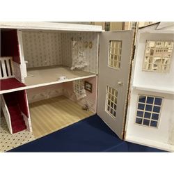 Modern scratch-built Palladian style wooden dolls  house as a 19th century double fronted two-storey property with simulated brick and stone walls under a removable simulated slate hipped roof; the triple hinged front elevation opening to reveal six rooms with central hall, stairs and landing L94cm H56cm D40cm