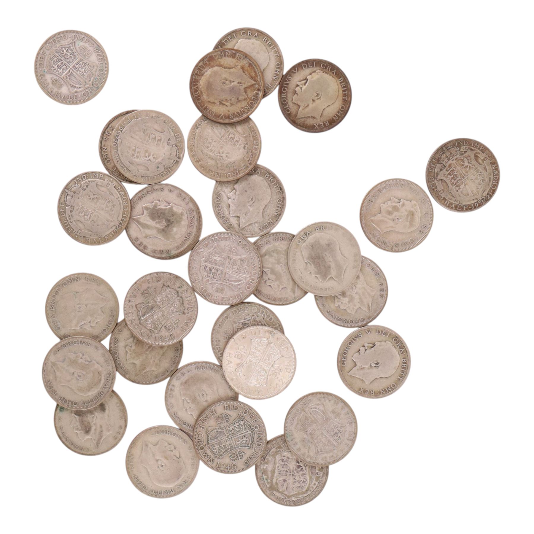 Thirty Great British pre-1947 silver half crown coins