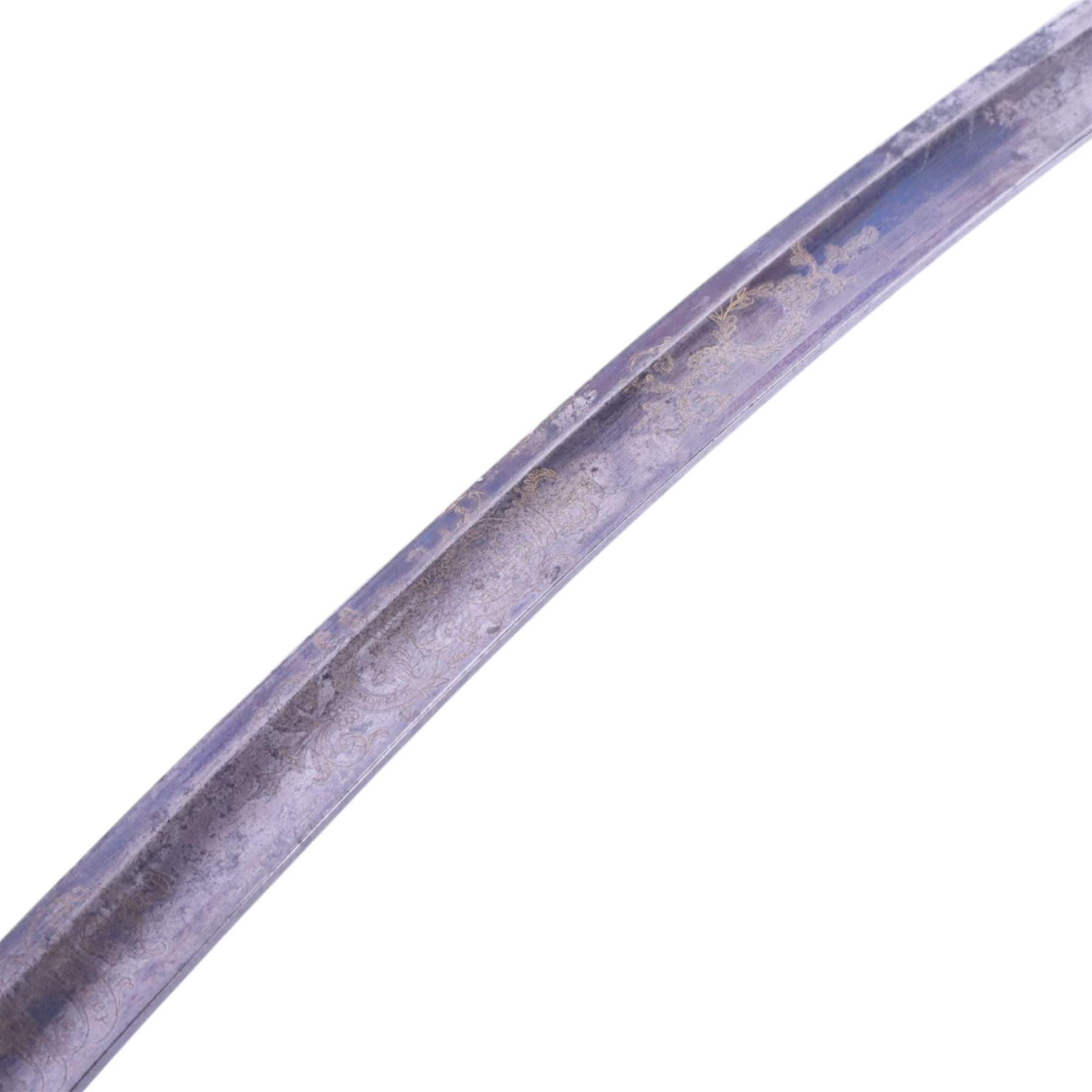 British 1796 pattern, light cavalry officers' saber, by Wooley, Deakin, Dutton of Birmingham, the 80cm single edge curved blade retaining traces of original blue and gilding which bears the coat of arms of George III and military trophies, the steel stirrup hilt with leather bound grip and original silver triple wire binding, within steel scabbard with twin suspension rings, overall L98cm  