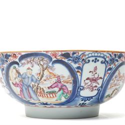 19th century Chinese famille rose punch bowl, decorated with panels of traditional scenes within blue decoration, D26cm 