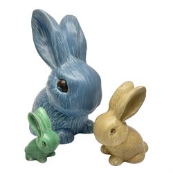 Three graduating Sylvac style rabbits, to include large blue example and two smaller green and brown examples, tallest H25cm