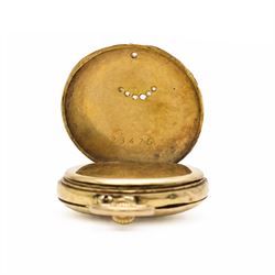 French 19th / early 20th century 18ct gold ladies cylinder fob watch, white enamel dial with Arabic hour markers, the back case set with rose cut diamonds, surrounded by embossed foliate decoration and engraved with initials 'D A', horses head hallmark