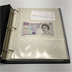 Album of mostly Great British banknotes including Peppiatt emergency issue one pound 'E57E', Peppiatt emergency issue ten shillings 'K97D', Beale series A one pound 'K11J', various other series A one pound notes, O'Brien series B Helmeted Britannia five pounds 'C96', Hollom series C portrait ten pounds 'A11', Gill series D pictorial five pounds 'SC82' etc