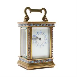 French- Edwardian miniature brass 8-day timepiece carriage clock with cloisonné panels to ...