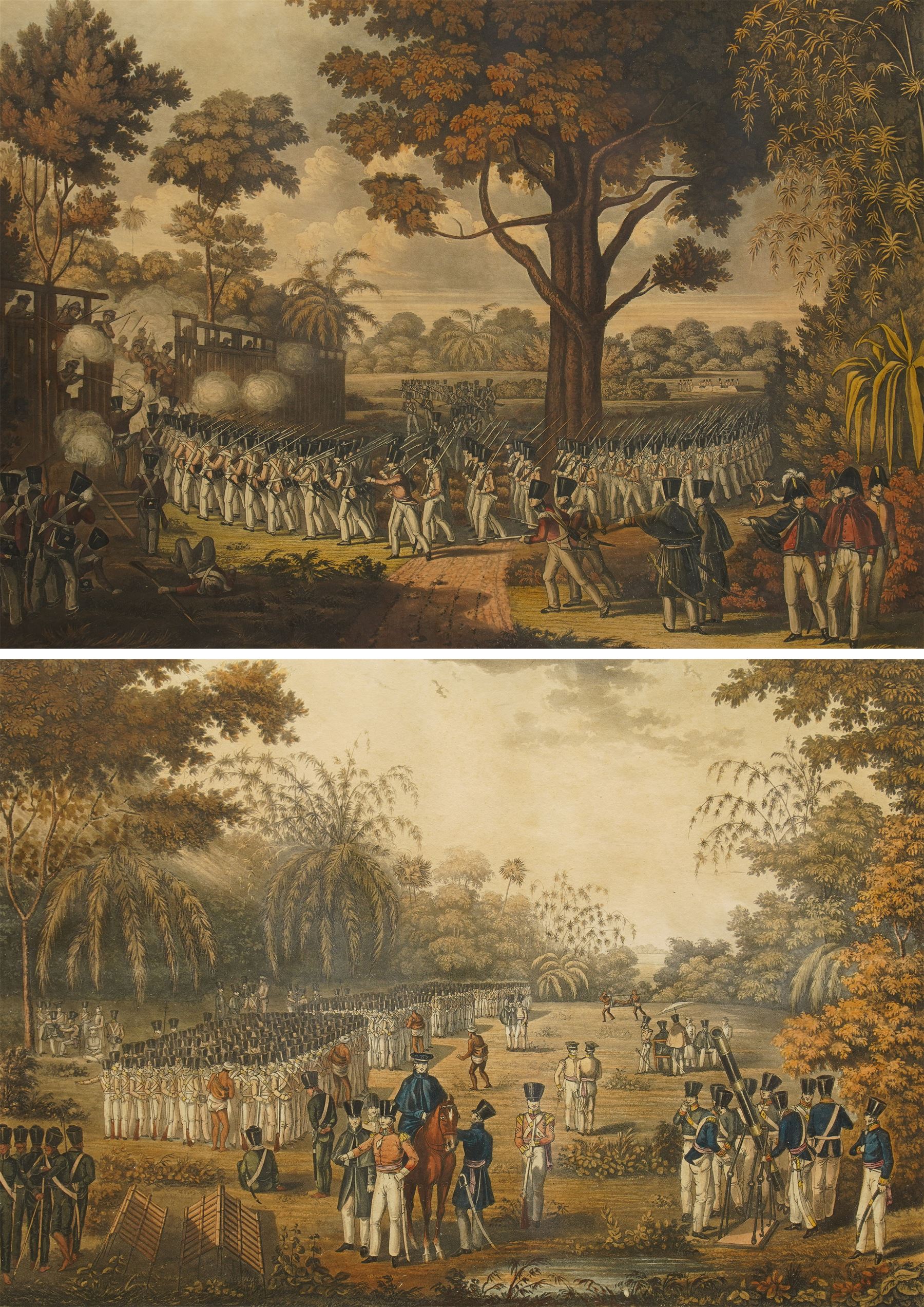 George Hunt (British c.1797-1841) after Lieutenant Joseph Moore (British fl.c.1824): Views of 'Rangoon' and 'Kemmindine near Rangoon', pair early 19th century etchings with hand-colouring of the First Anglo Burmese War pub. Views in the Birman Empire (London 1825-26) (2)